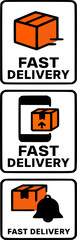 Three icons showcasing fast delivery services with boxes, a phone, and a notification bell.