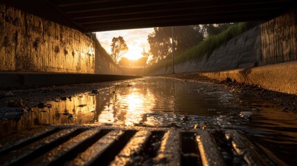 Naklejka premium Tranquil Sunset Over Rainwater Drain Under Bridge with Golden Reflections