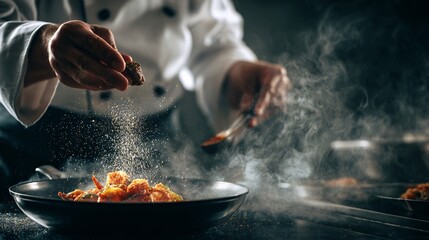 Profile view of chef holding a pan in one hand and seasoning with the other in motion