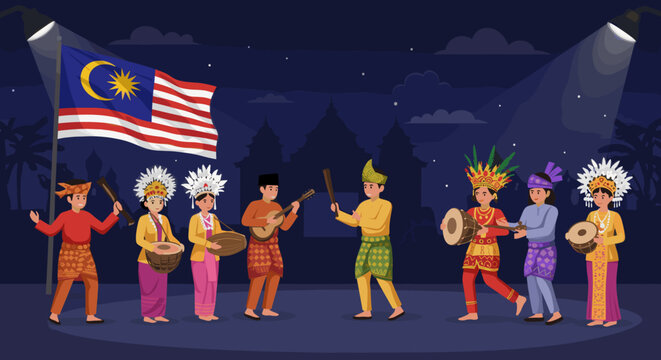 A lively traditional dance performance takes place under spotlights and the Malaysian flag, with dancers wearing vibrant ethnic costumes and playing cultural instruments, celebrating unity in diversit - Powered by Adobe