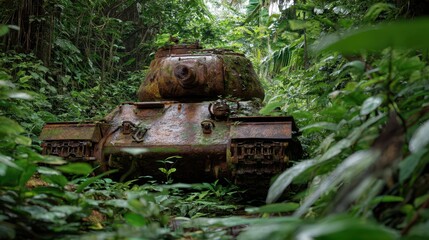 Abandoned Rusty Tank Surrounded by Overgrown Jungle Vegetation