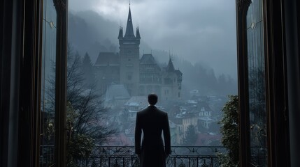 Shadowy Aristocrat in Elegant Clothing Overlooking Misty Castle