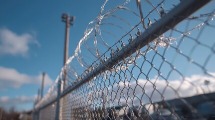 Tall Metal Security Fence with Razor Wire Under Bright Sky