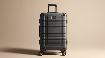 A dark-grey hard-shell suitcase with a retractable handle and four gold wheels sits on a light-brown background, casting a subtle shadow.  Its textured surface features subtly raised lines