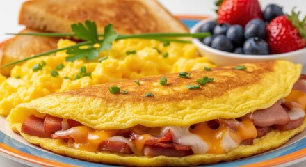 Hearty Ham and Cheese Omelet Served with Fluffy Scrambled Eggs and Fresh Berries
