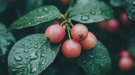 Close-up of vibrant pink berries on a leafy branch.