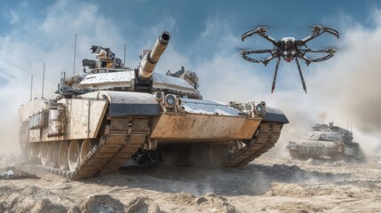 Military Tank and Drone Encounter in Future Warfare Scenario