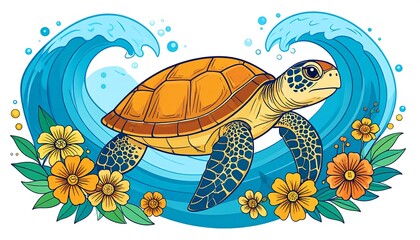 Cartoon turtle swimming in ocean waves, surrounded by flowers