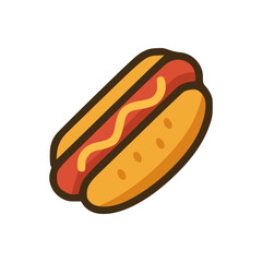 Bold-outlined flat hot dog with bright colors represents fast food culture street snacks and casual eating moments