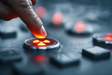A finger hovers above a glowing nuclear button, signaling potential activation of atomic energy processes in a control setting
