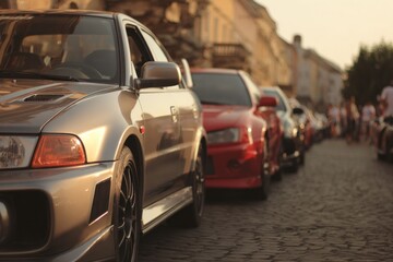 Enthusiasts admire a variety of cars at a vibrant gathering in Szeged, showcasing unique models and lively conversation among participants