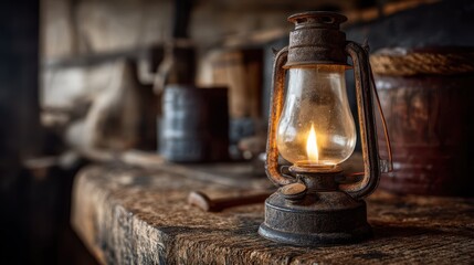 Traditional Oil Lamp Glowing in Rustic Setting with Vintage Charm
