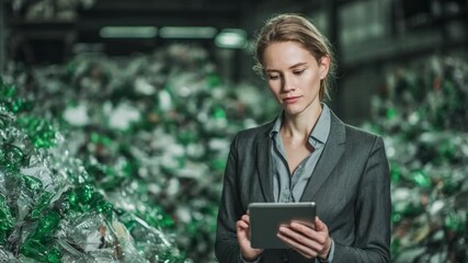 Industry Insight: A focused individual, clad in professional attire, reviews data on a digital tablet amidst an industrial recycling operation. The composition communicates an environmental focus - Powered by Adobe