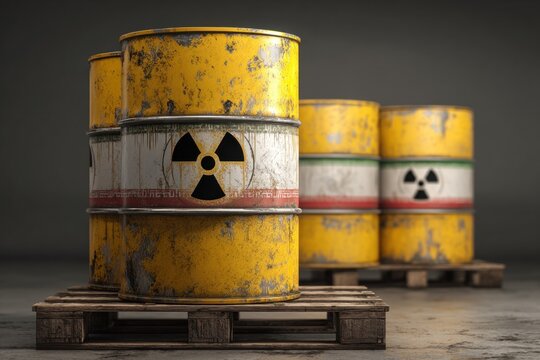 Yellow barrels marked with radioactive symbols signify the themes and concerns surrounding Iran's nuclear program and its implications - Powered by Adobe