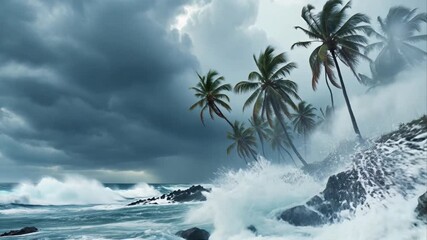 Dramatic coastal scene of stormy seas and palm trees during a hurricane - Powered by Adobe