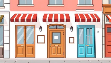Cartoon storefronts vector illustration with awnings doors and windows for graphic design needs