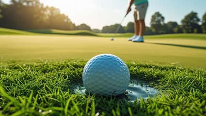 Golfer Aims Carefully Preparing to Putt on Lush Green Course