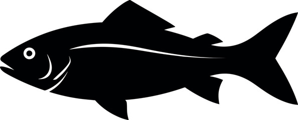 A simple black and white illustration of a fish swimming to the right on a white background