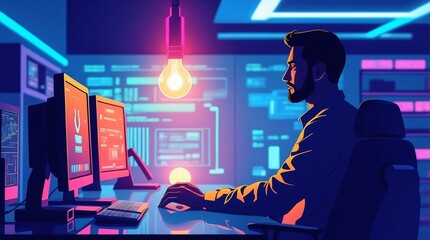Businessman Holding Glowing Light Bulb with Innovation and Marketing Strategy Icons &ndash; Modern Business Concept.	

