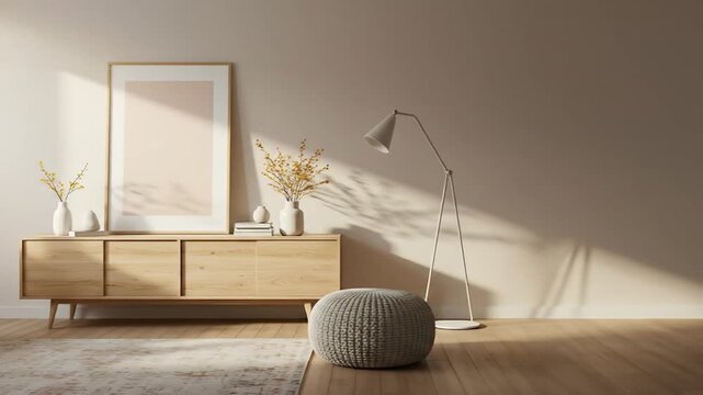 Modern minimalist living room interior with a wooden sideboard and blank poster frame mockup in warm sunlight.