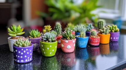 Tiny cactus and succulents in artsy pots lined on a tabletop
