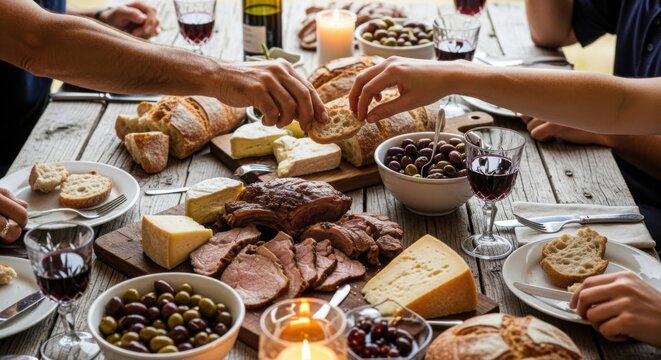 Gathering around a rustic wooden table laden with delicious food and wine enjoying a shared meal with friends and family celebrating special moments together