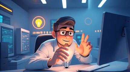 Creative Businessperson Holding Glowing Lightbulb with Laptop &ndash; Concept of Innovation, Energy Efficiency, and Financial Growth.