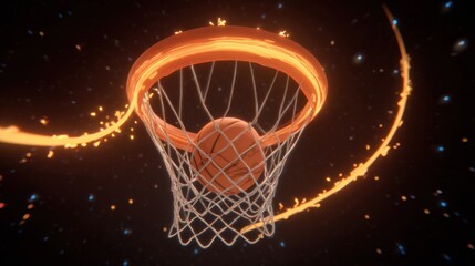 Basketball hoop in fiery cosmic scene