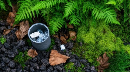 Top view of plastic trash on forest floor contrasting with lush green moss, eco warning concept