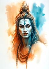 Watercolor Illustration of Lord Shiva for Maha Shivratri &ndash; Hindu Festival Greeting Card and Spiritual Shaivism Concept.


