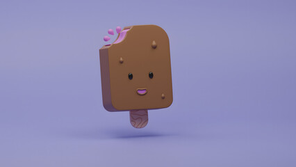 Cute Chocolate Ice Cream Character Over Pastel Violet Background