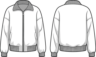 White bomber jacket front and back view, stylish fashion illustration, ribbed cuffs and collar, zipper design, trendy outerwear, sketch © Halal Artist