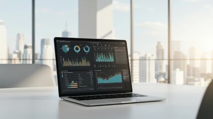 Laptop displaying chartsgraphs on a white desk with blurred city skyline in background - Powered by Adobe