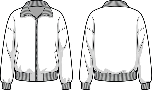White bomber jacket front and back view, stylish fashion illustration, ribbed cuffs and collar, zipper design, trendy outerwear, sketch