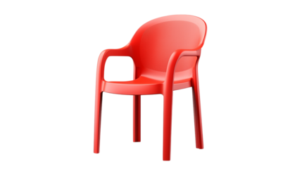 Vibrant red modern plastic chair with armrests perfect for outdoor patio seating or home decor