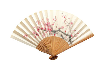 Elegant hand-held fan, cream-colored,  with delicate cherry blossom design