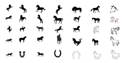 Collection of diverse horse silhouettes and icons in various poses and styles isolated on transparent background
