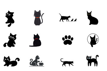Collection of silhouetted black cat poses and expressions isolated on transparent background