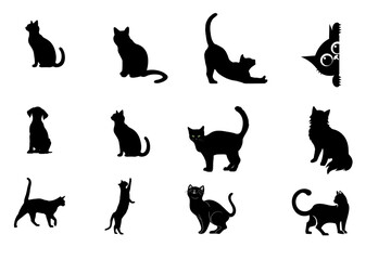 Collection of silhouetted black cat poses and expressions isolated on transparent background