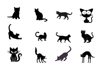 Collection of silhouetted black cat poses and expressions isolated on transparent background