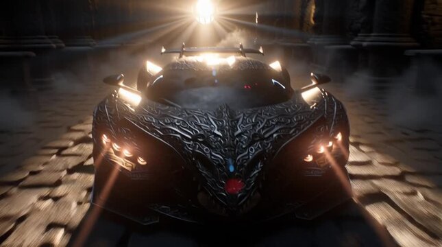 a cinematic video of a massive dragon-themed hypercar emerging from ancient stone ruins, surrounded by dust and lightning, glowing dragon-shaped patterns awaken across its body