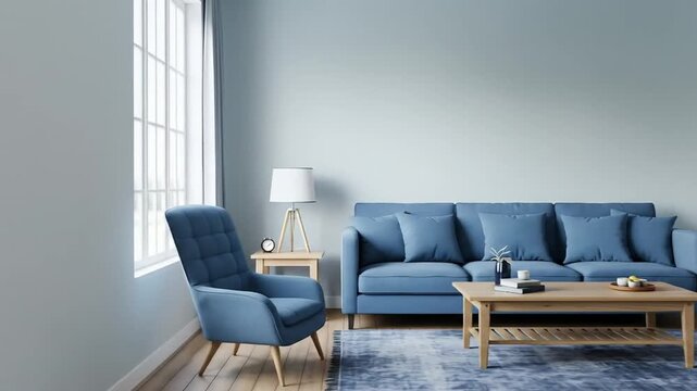 Contemporary living room interior design with a plush blue sofa, armchair, and coffee table. A peaceful home concept with natural light.