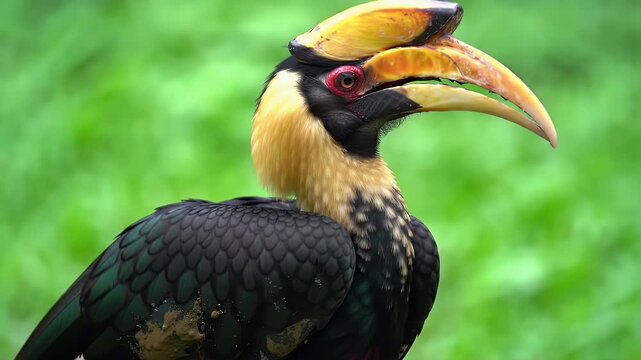 Majestic Great Hornbill with distinctive yellow casque and black plumage in its natural habitat, close-up wildlife portrait