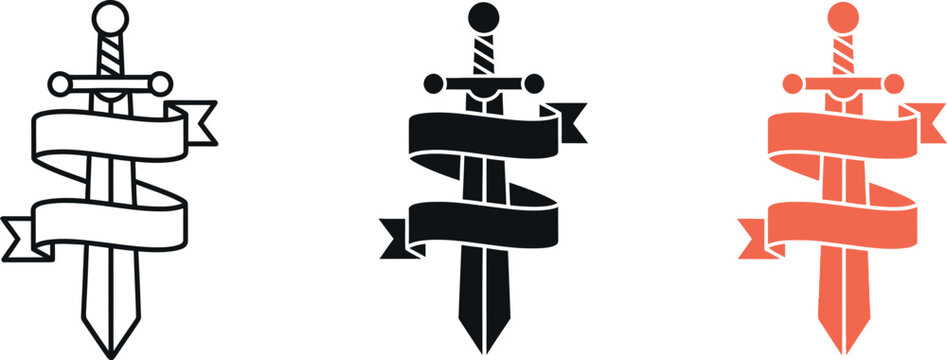 Three sword illustrations each with a ribbon wrapped around it in different color variations