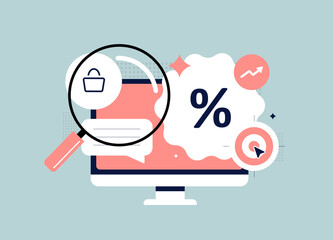 E-commerce conversion rate optimization - online shopping analytics and user behavior tracking. Improve e-commerce conversion rate with discount strategy and product search targeting illustration
