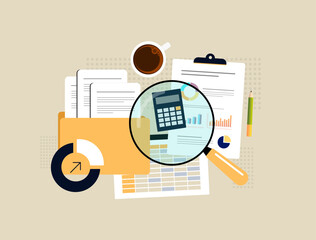 Financial audit and business analysis concept. Financial audit documents, spreadsheet, magnifying glass and calculator. Business accounting, budget planning, data review and reporting illustration