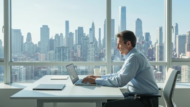 Man works on laptop in highrise office with cityscape vista