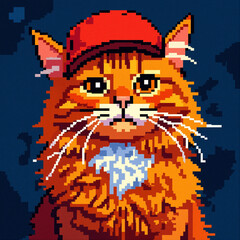 Charming pixel art orange tabby cat in a red cap and blue ascot, against a dark background. A nostalgic retro-style digital illustration for gaming, pet, or fun themes