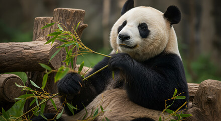 Obraz premium Panda eating bamboo near wooden fence