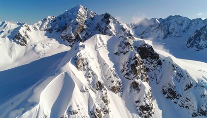 A breathtaking aerial view showcases snow-covered mountain peaks against a bright blue sky, highlighting the rugged beauty of the alpine landscape so majestic.